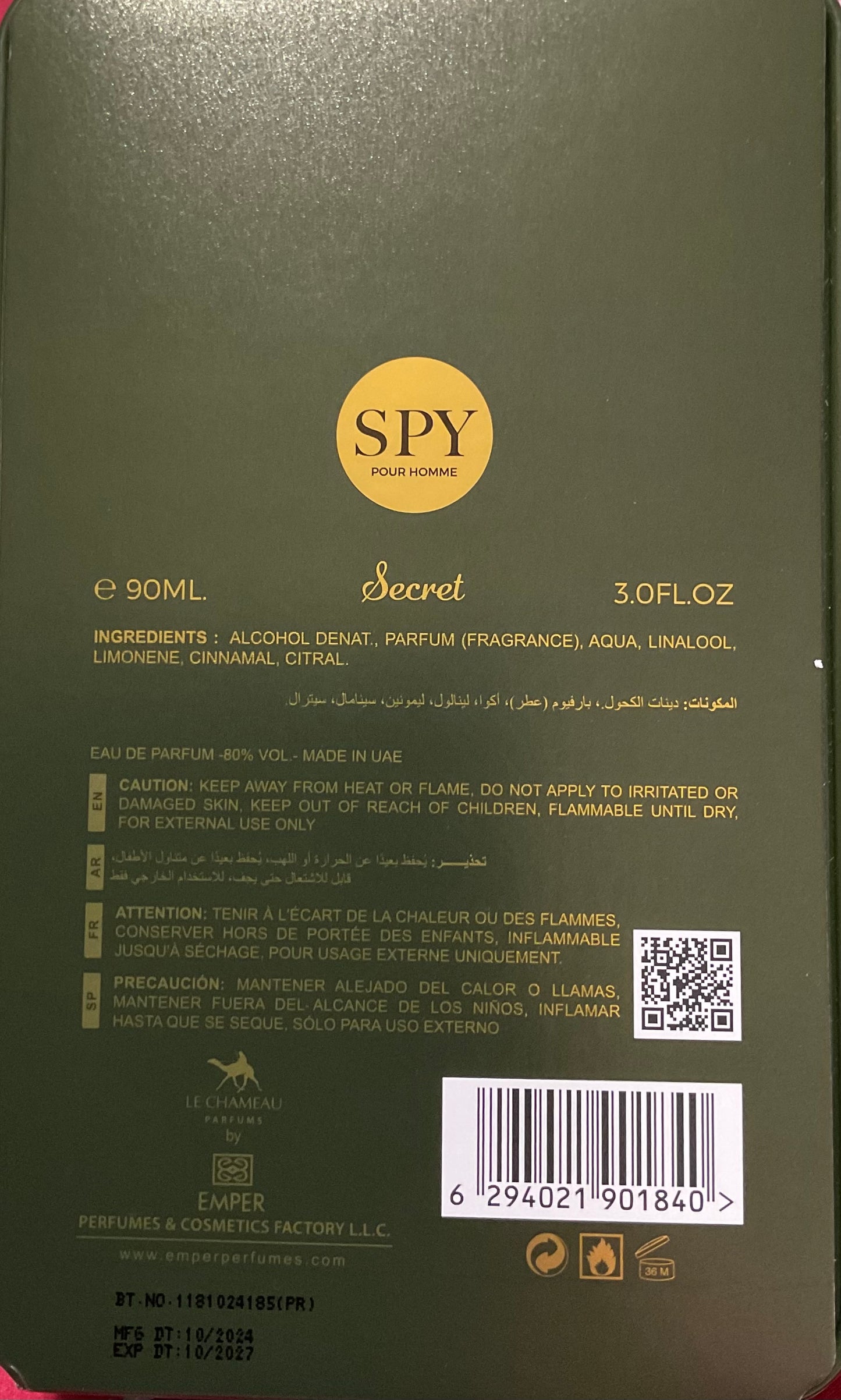Spy Pour Homme Secret Le Chameau Eau de Parfum 3.0oz Made in UAE