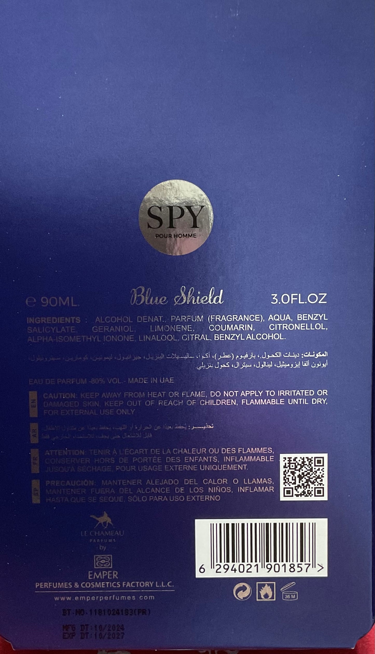 Spy Pour Homme Blue Shield Le Chameau Eau de Parfum 3.0oz Made in UAE