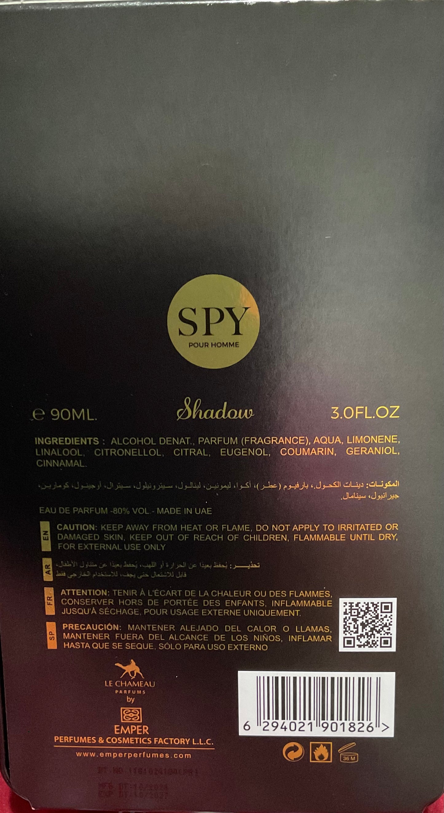 Spy Pour Homme Shadow Le Chameau Eau de Parfum 3.0oz Made in UAE