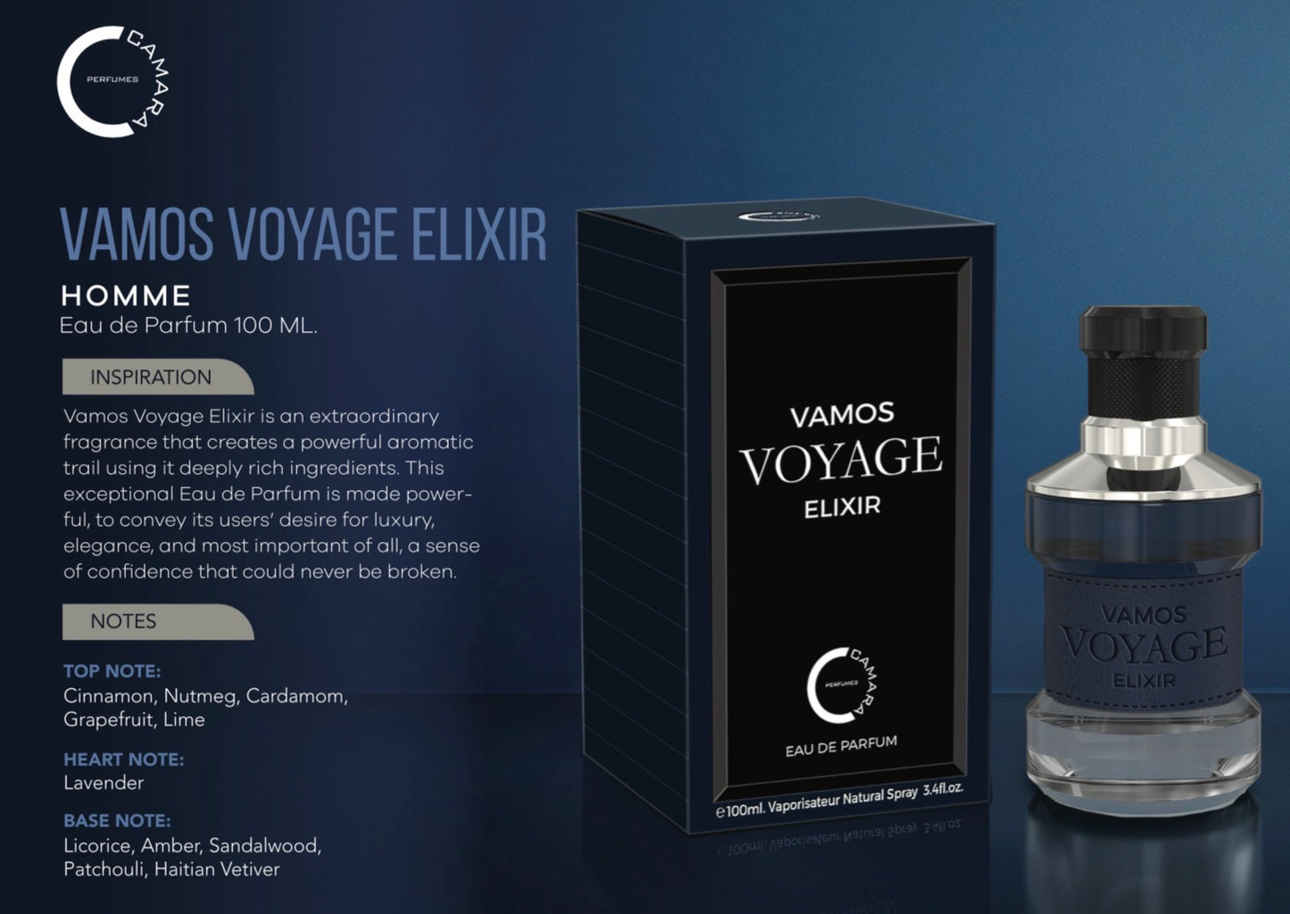 Vamos Voyage Elixir Camara Eau de Parfum 3.4oz Made in UAE