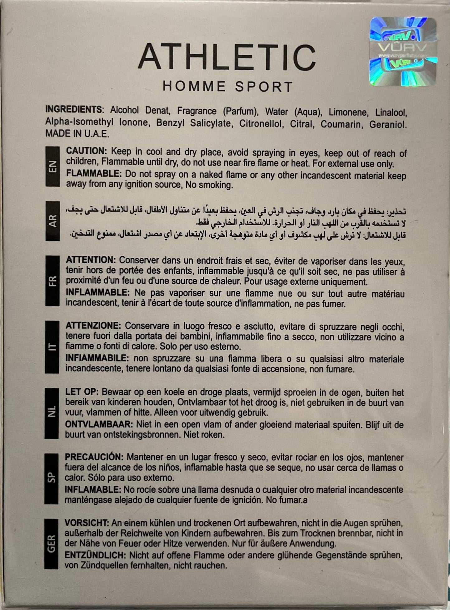 Athletic Homme Sport Vurv Eau de Parfum 3.4oz Made in UAE