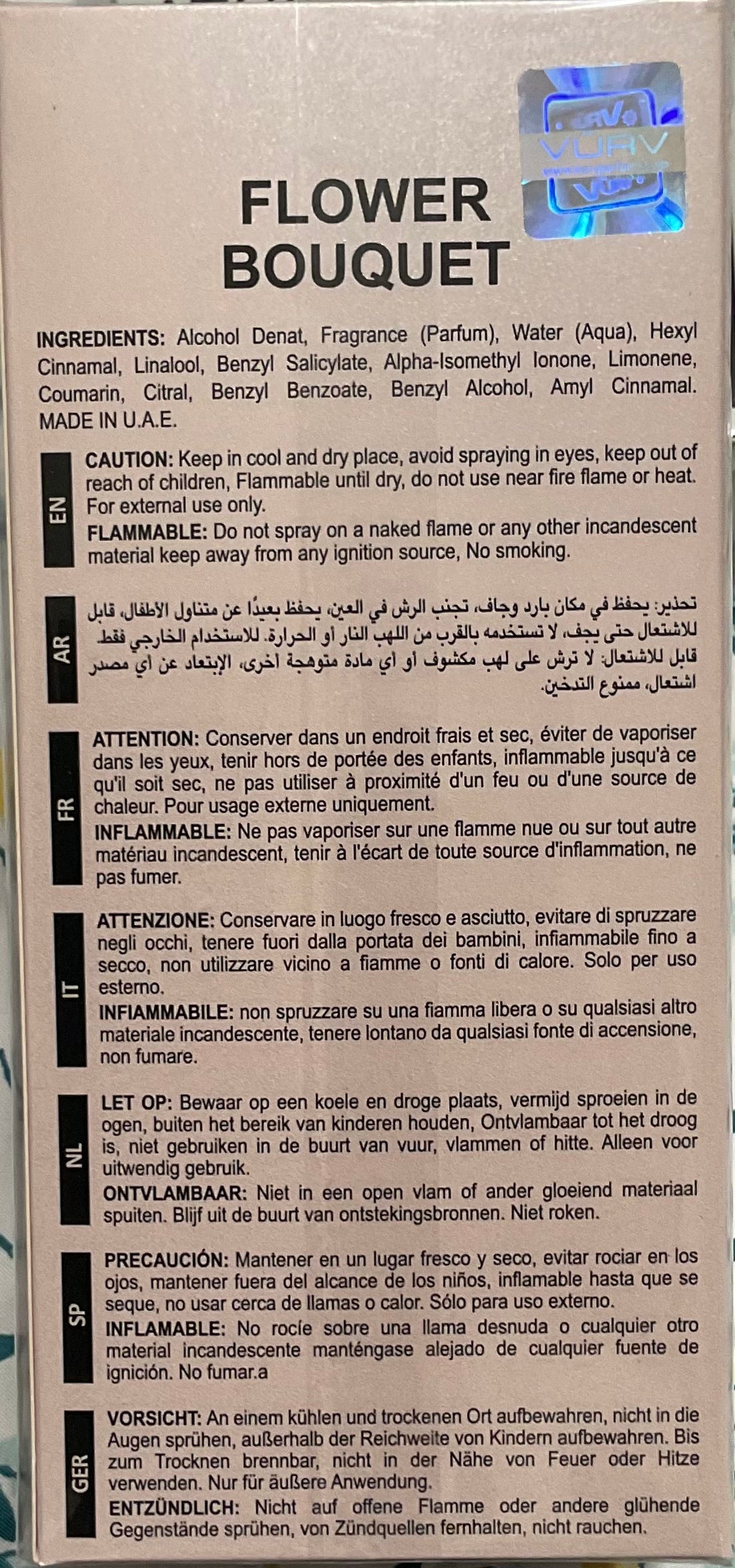 Flower Bouquet Vurv Eau de Parfum 3.4oz Made in UAE